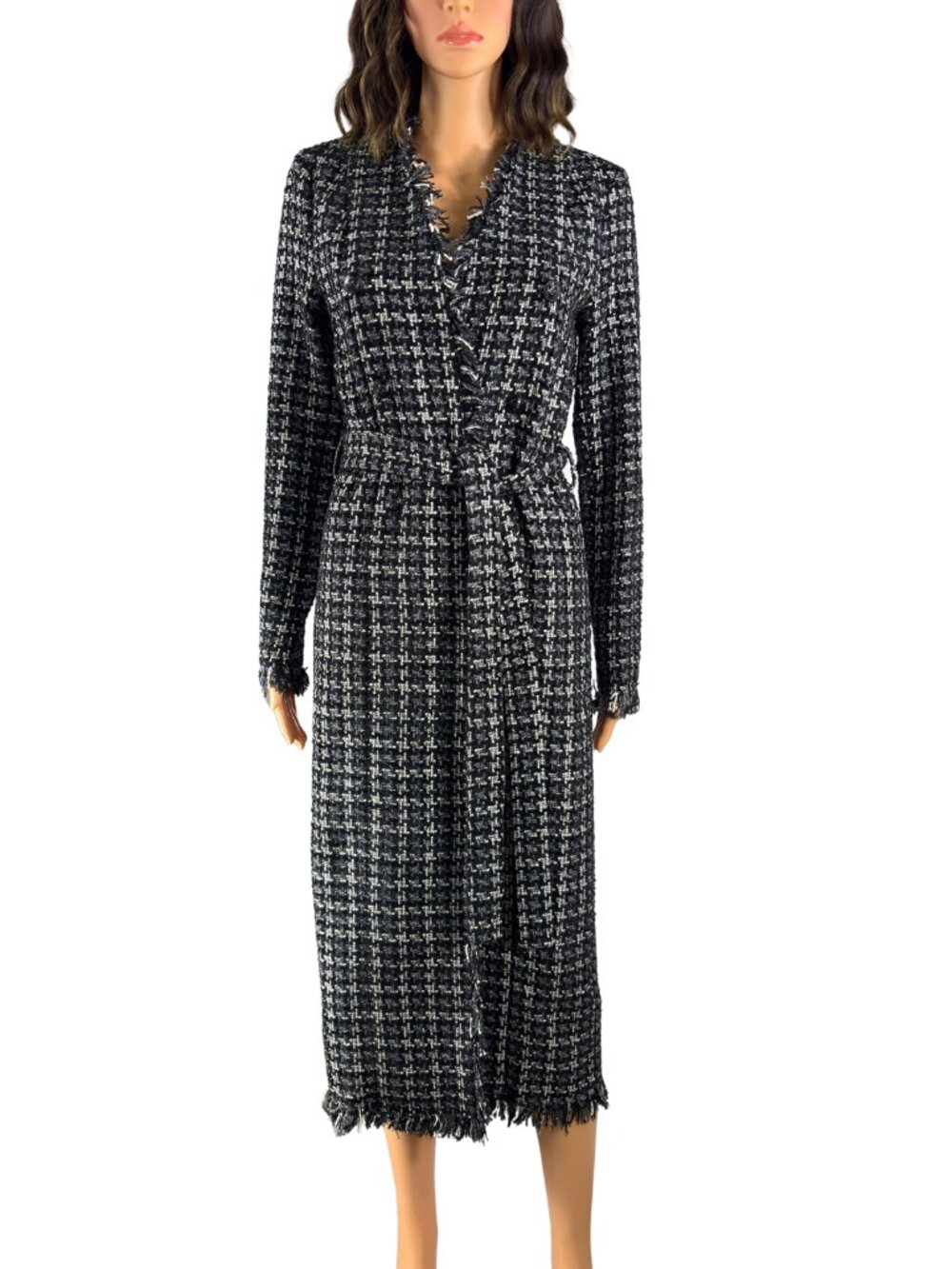 L'Agence Zuri NWT Black White Tweed Fringe Duster Coat Size 2 Belted $650